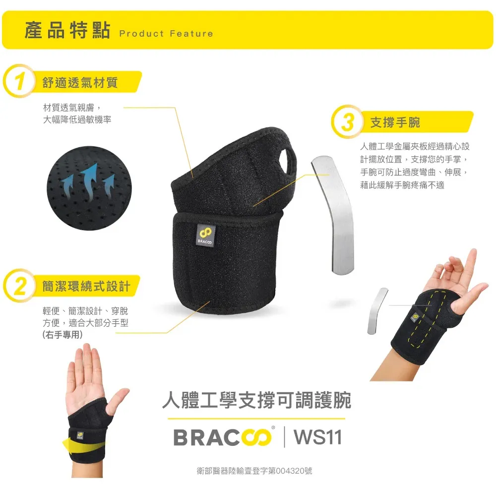 BRACOO奔酷 人體工學支撐可調護腕 WS11 (左/右）