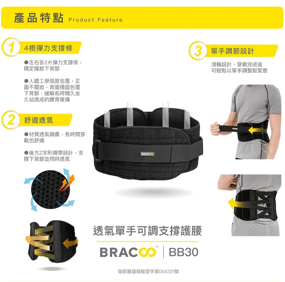 BRACOO奔酷 透氣單手可調支撐護腰 BB30