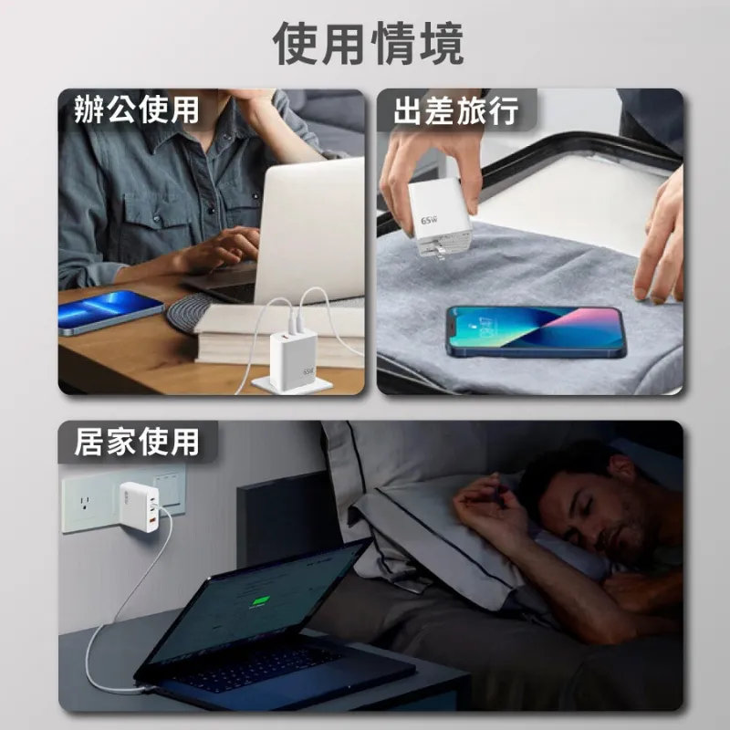 充電頭 65W超級快電源供應器 三孔快充頭 氮化鎵 GaN 三孔PD快充頭 PD手機充電器 可充筆電