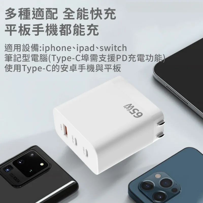 充電頭 65W超級快電源供應器 三孔快充頭 氮化鎵 GaN 三孔PD快充頭 PD手機充電器 可充筆電